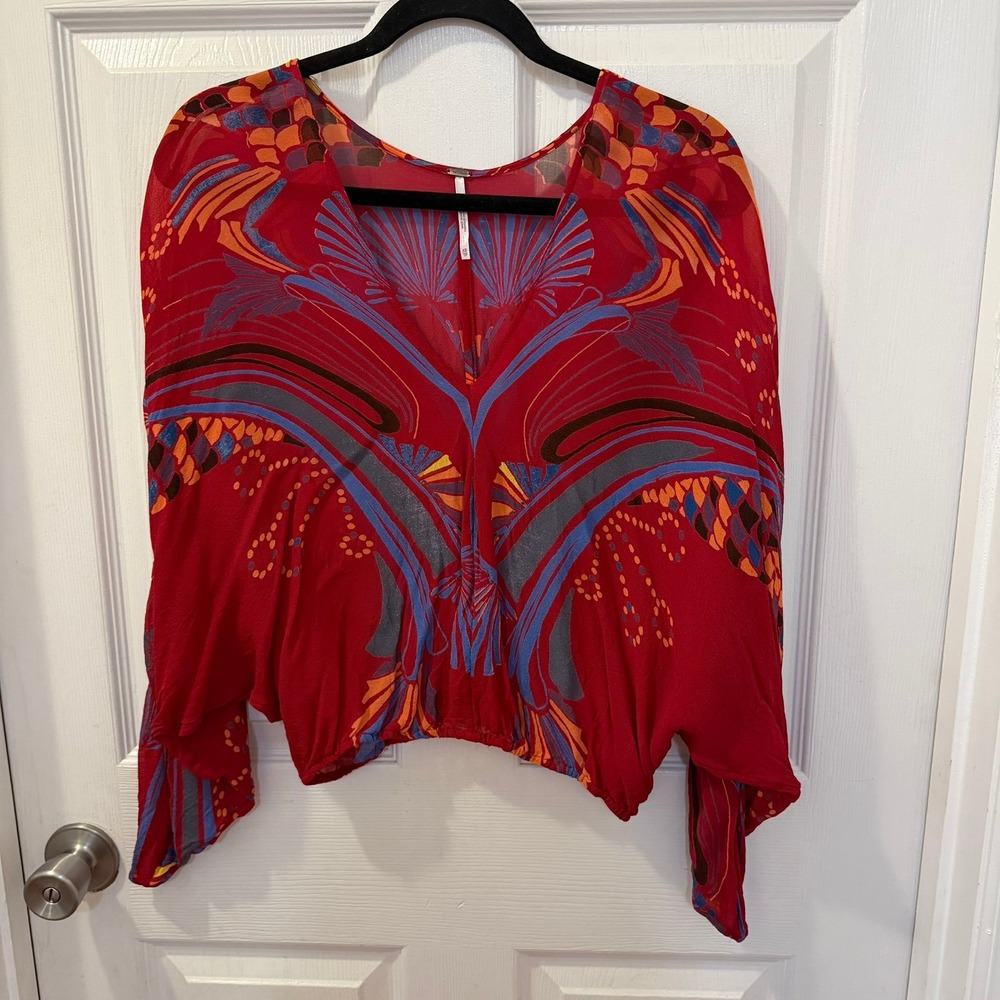 Free People XS Beneath The Sea Dolman Sleeve Red Sheer Boho Flowy Blouse Top